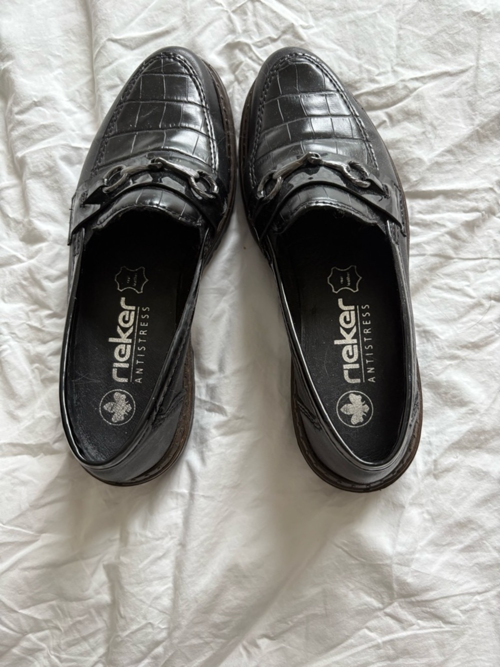 Rieker Black Croc-Embossed Slip-On Loafers with Metal Bit